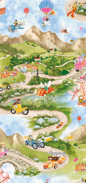 Tally Ho! wallpaper by Brand McKenzie in green and blue, close view of a countryside landscape