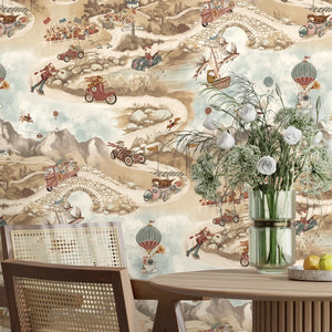 Tally Ho! wallpaper by Brand McKenzie in beige, a countryside landscape in a dining room