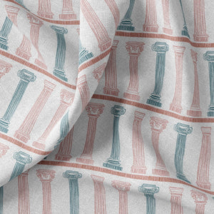 Temple linen by Annika Reed in pink and blue, in soft folds showing temple columns