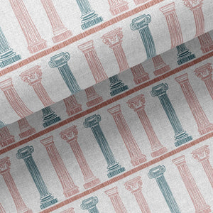 Temple linen by Annika Reed in pink and blue, draped, showing temple columns