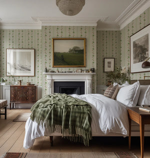 Tetris wallpaper by Annika Reed in cream and green, tiny sprigs in a grid in a bedroom