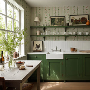 Tetris wallpaper by Annika Reed in green, tiny sprigs in a grid in a kitchen