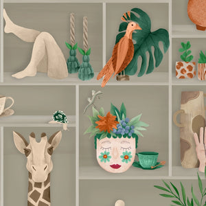 The Cabinet wallpaper by Brand McKenzie in cream, detail of a cabinet of curiosities