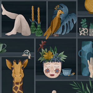The Cabinet wallpaper by Brand McKenzie in navy, close view of a cabinet of curiosities