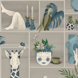 The Cabinet wallpaper by Brand McKenzie in beige, pattern detail of a cabinet of curiosities