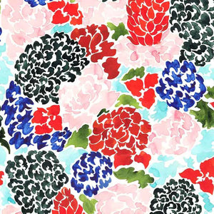 The Flore linen by Claire de Quénetain in pink and green, full repeat of a hand-painted floral design