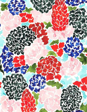 The Flore linen by Claire de Quénetain in pink and green, full repeat of a hand-painted floral design