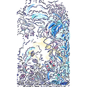 The Garden Path linen by Claire de Quénetain in blue, full repeat of an arched floral panel