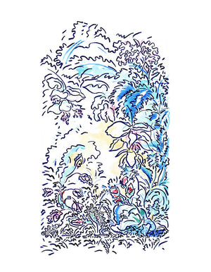 The Garden Path linen by Claire de Quénetain in blue, full repeat of an arched floral panel