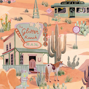 The Glitter Ranch wallpaper by Brand McKenzie in peach, close-up of a desert ranch scene