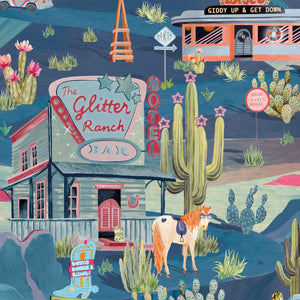 The Glitter Ranch wallpaper by Brand McKenzie in navy, close-up of a desert ranch scene