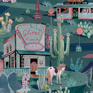 The Glitter Ranch wallpaper by Brand McKenzie in navy, close view of a desert ranch scene
