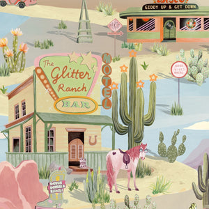 The Glitter Ranch wallpaper by Brand McKenzie in pink and green, detail of a desert ranch scene