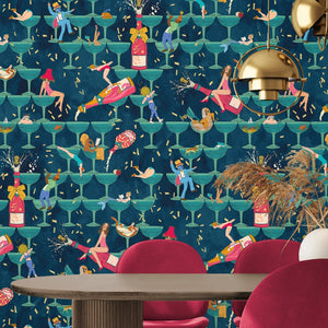 The Grand Pour wallpaper by Brand McKenzie in blue, swimmers among cocktail glasses in a dining area