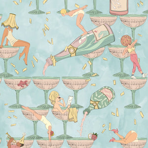 The Grand Pour wallpaper by Brand McKenzie in aqua, detail of swimmers among cocktail glasses