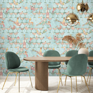 The Grand Pour wallpaper by Brand McKenzie in aqua, swimmers among cocktail glasses in a dining area