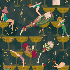 The Grand Pour wallpaper by Brand McKenzie in dark green, close view of swimmers among cocktail glasses