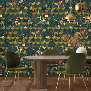 The Grand Pour wallpaper by Brand McKenzie in dark green, swimmers among cocktail glasses in a dining room