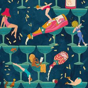 The Grand Pour wallpaper by Brand McKenzie in blue, close-up of swimmers among cocktail glasses