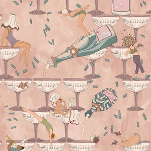 The Grand Pour wallpaper by Brand McKenzie in pink, pattern detail of swimmers among cocktail glasses