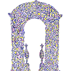 The Oriental Arch linen by Claire de Quénetain in pink, full repeat of an arched panel