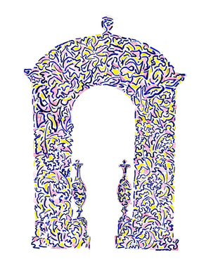 The Oriental Arch linen by Claire de Quénetain in pink, full repeat of an arched panel
