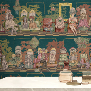 The Parlour wallpaper by Brand McKenzie in teal, close view of ladies under salon hair dryers