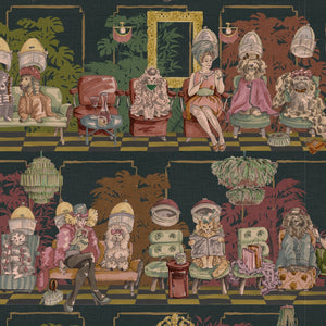 The Parlour wallpaper by Brand McKenzie in dark green, detail of ladies under salon hair dryers