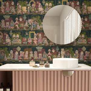 The Parlour wallpaper by Brand McKenzie in dark green, ladies under salon hair dryers in a bathroom