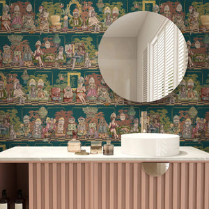 The Parlour wallpaper by Brand McKenzie in teal, ladies under salon hair dryers on a bathroom wall