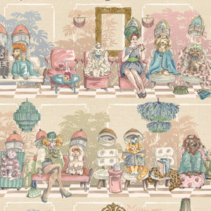The Parlour wallpaper by Brand McKenzie in cream and pink, ladies under salon hair dryers above a cabinet