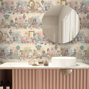 The Parlour wallpaper by Brand McKenzie in cream and pink, ladies under salon hair dryers in a bathroom setting