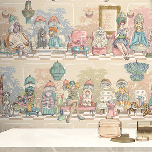The Parlour wallpaper by Brand McKenzie in cream and pink, ladies under salon hair dryers behind a console table