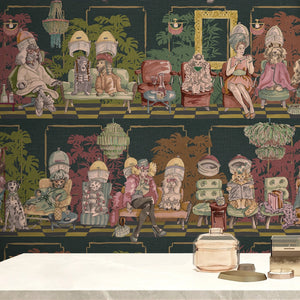 The Parlour wallpaper by Brand McKenzie in dark green, close-up of ladies under salon hair dryers