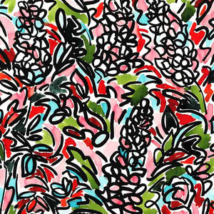 The Rainbow linen by Claire de Quénetain in green and black, full repeat of a hand-painted floral design