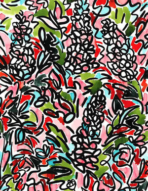 The Rainbow linen by Claire de Quénetain in green and black, full repeat of a hand-painted floral design