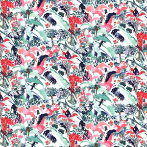 The Ray of Sunshine linen by Claire de Quénetain in pink and green, full repeat of a hand-painted floral design
