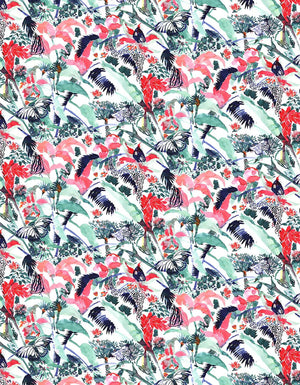 The Ray of Sunshine linen by Claire de Quénetain in pink and green, full repeat of a hand-painted floral design