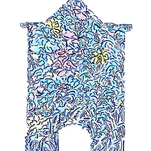 The Rosary Pavillion linen by Claire de Quénetain in pink and blue, full repeat of an arched floral panel