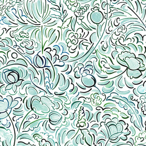 The Wild Field linen by Claire de Quénetain in green, full repeat of a hand-painted floral design