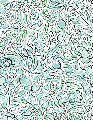 The Wild Field linen by Claire de Quénetain in green, full repeat of a hand-painted floral design