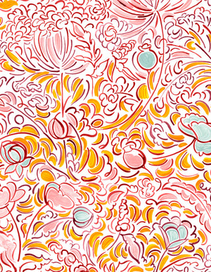 The Wild Field linen by Claire de Quénetain in orange, pattern sample of a hand-painted floral design