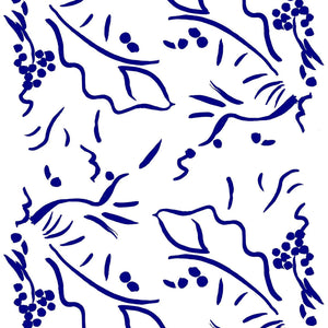 The Windy Leaves linen by Claire de Quénetain in blue, full repeat of a hand-painted floral design