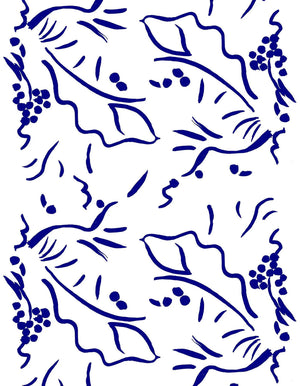 The Windy Leaves linen by Claire de Quénetain in blue, full repeat of a hand-painted floral design