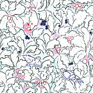 They Fly Away linen by Claire de Quénetain in pink, full repeat of a hand-painted floral design