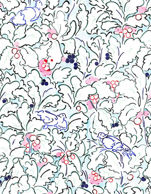 They Fly Away linen by Claire de Quénetain in pink, full repeat of a hand-painted floral design
