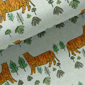 Tiger Tiger linen by Annika Reed in mint green and orange, flat sample of tigers and trees