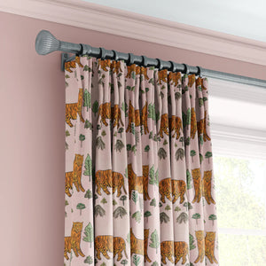 Tiger Tiger linen by Annika Reed in pink and orange, tigers and trees made into curtains