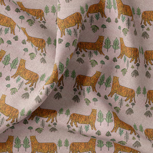 Tiger Tiger linen by Annika Reed in pink and orange, draped, showing tigers and trees