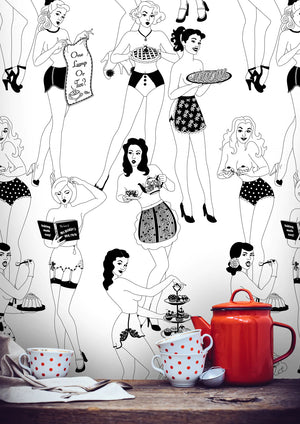 Time for Tea wallpaper by Dupenny in black and white, vintage tea party figures in a kitchen